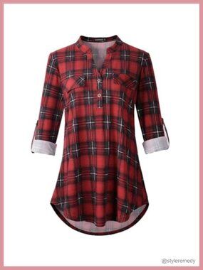 Plus Size Plaid Tunic Top 3/4 Sleeve Mandarin Collar Button Down
